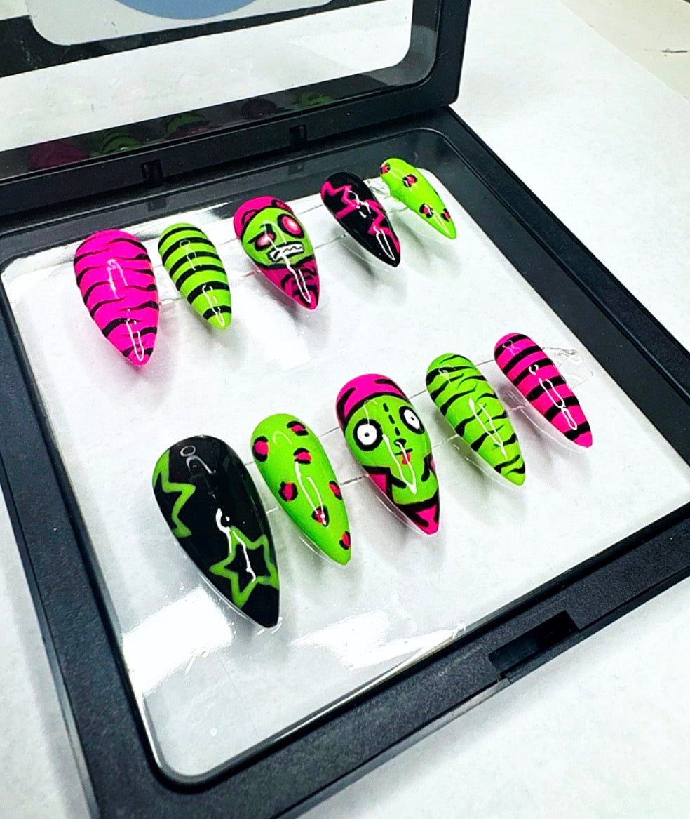 Invader Zim ~ Medium Almond Premium Hand Painted Gel X Nails